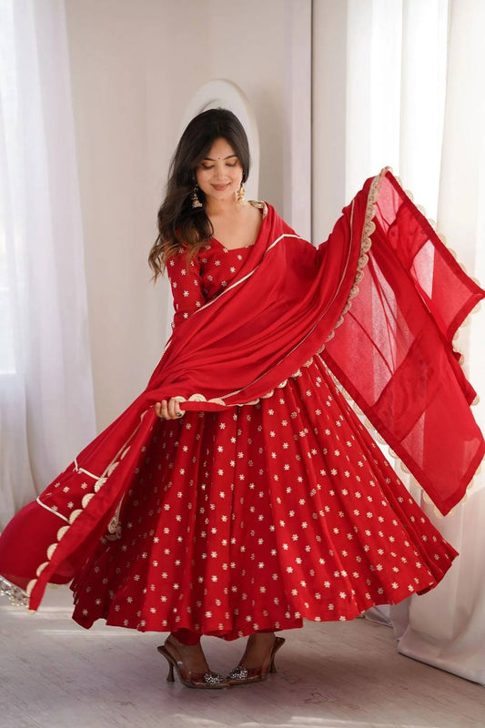 Red Embroidered Chinon Silk Anarkali Dress with Dupatta