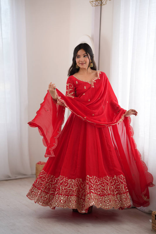 Red Embroidered Anarkali Gown with Heavy Sequence Work & Designer Dupatta