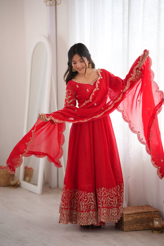 Red Embroidered Anarkali Gown with Heavy Sequence Work & Designer Dupatta