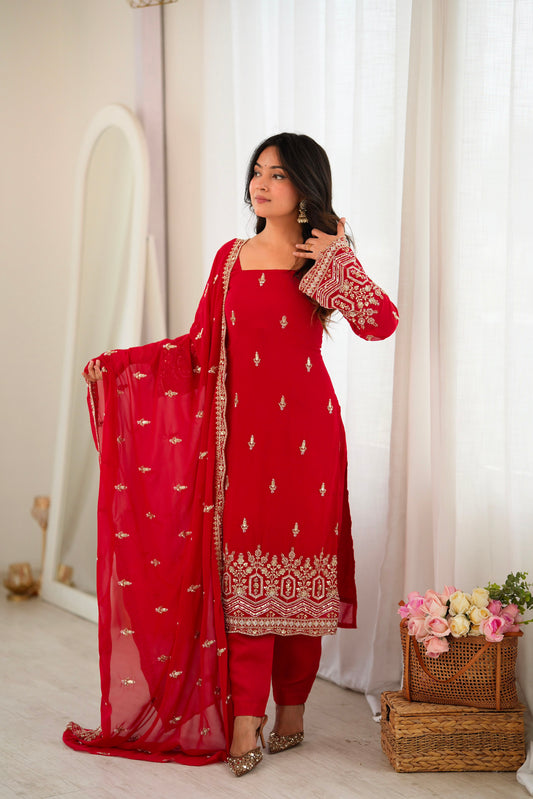 Red Heavy Embroidered Georgette Suit Set with Beads, Sequins & Thread Work