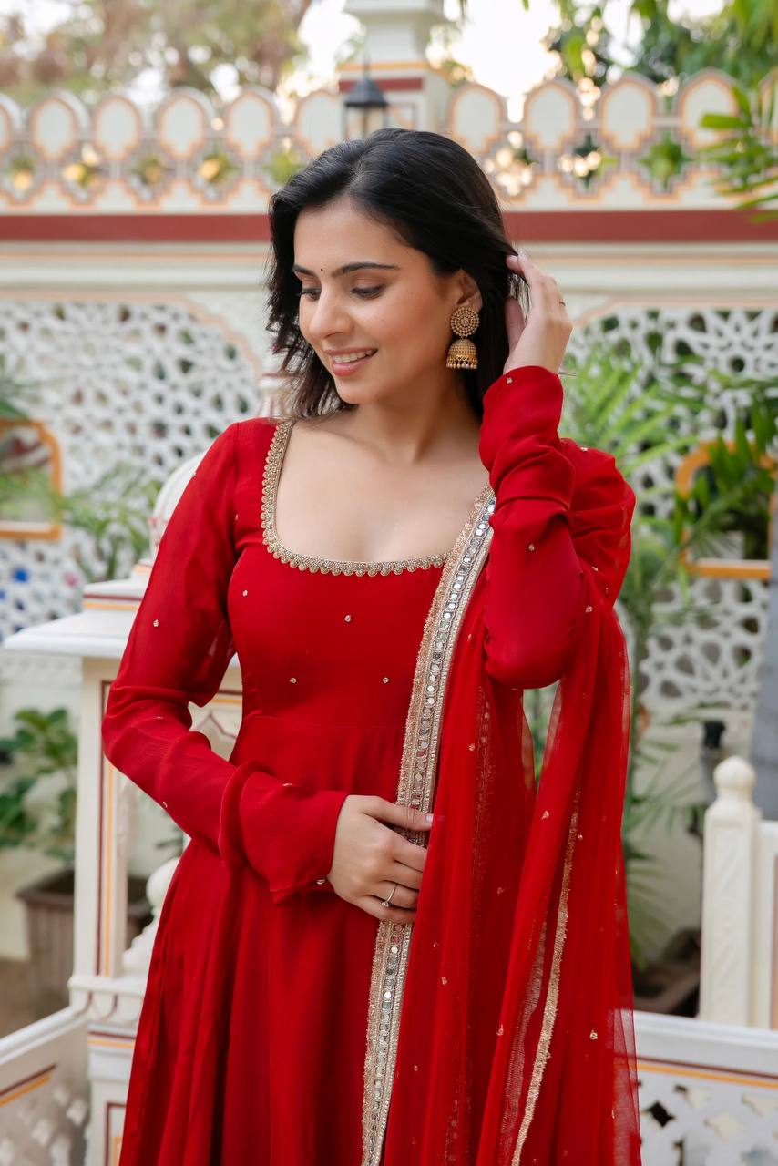 Red Georgette Anarkali Suit with Hand Work & Fancy Lace Dupatta