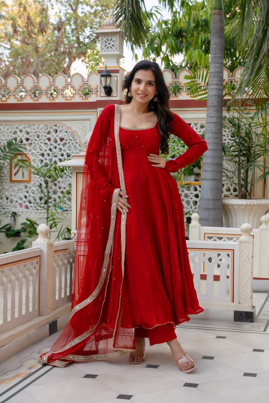 Red Georgette Anarkali Suit with Hand Work & Fancy Lace Dupatta