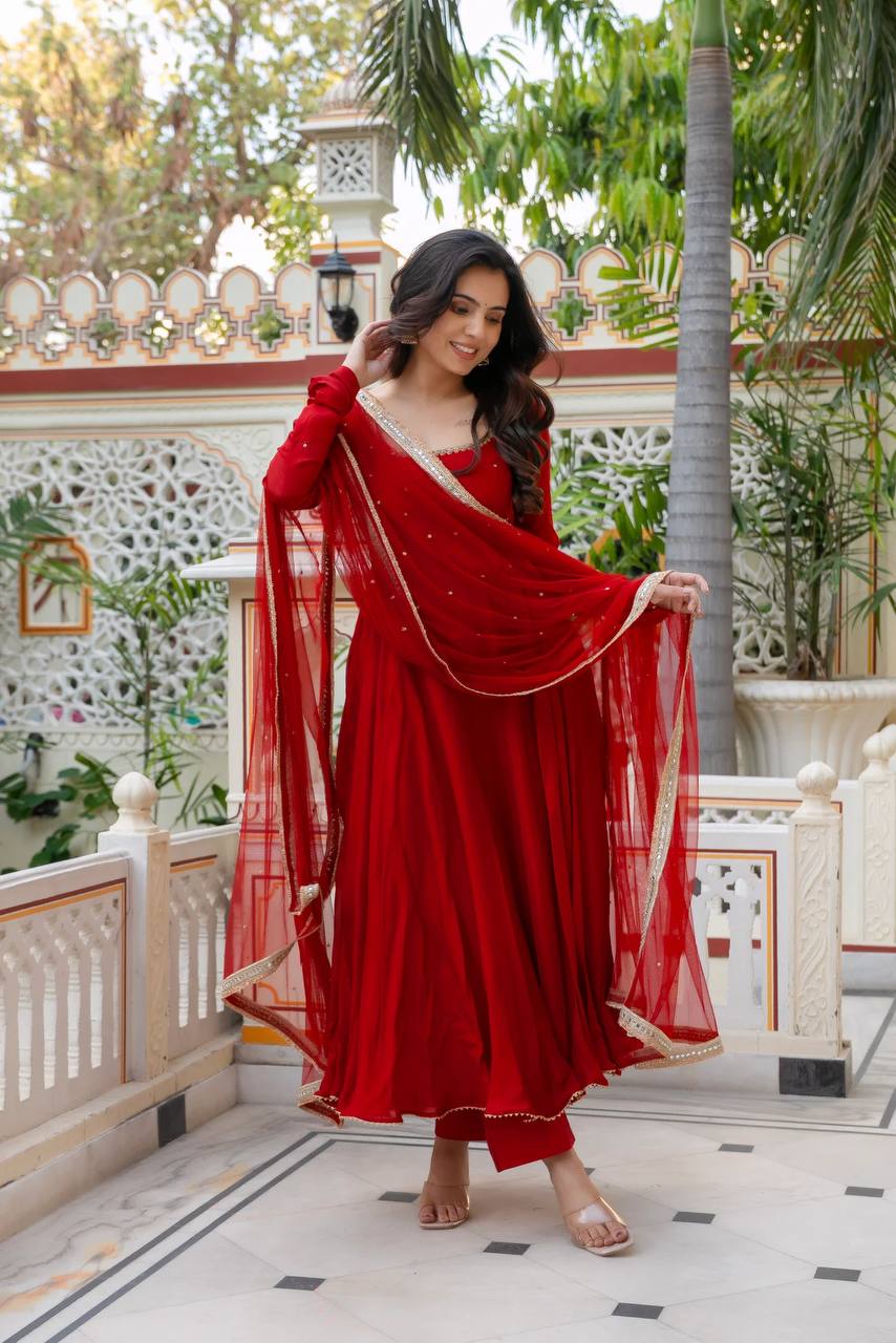 Red Georgette Anarkali Suit with Hand Work & Fancy Lace Dupatta