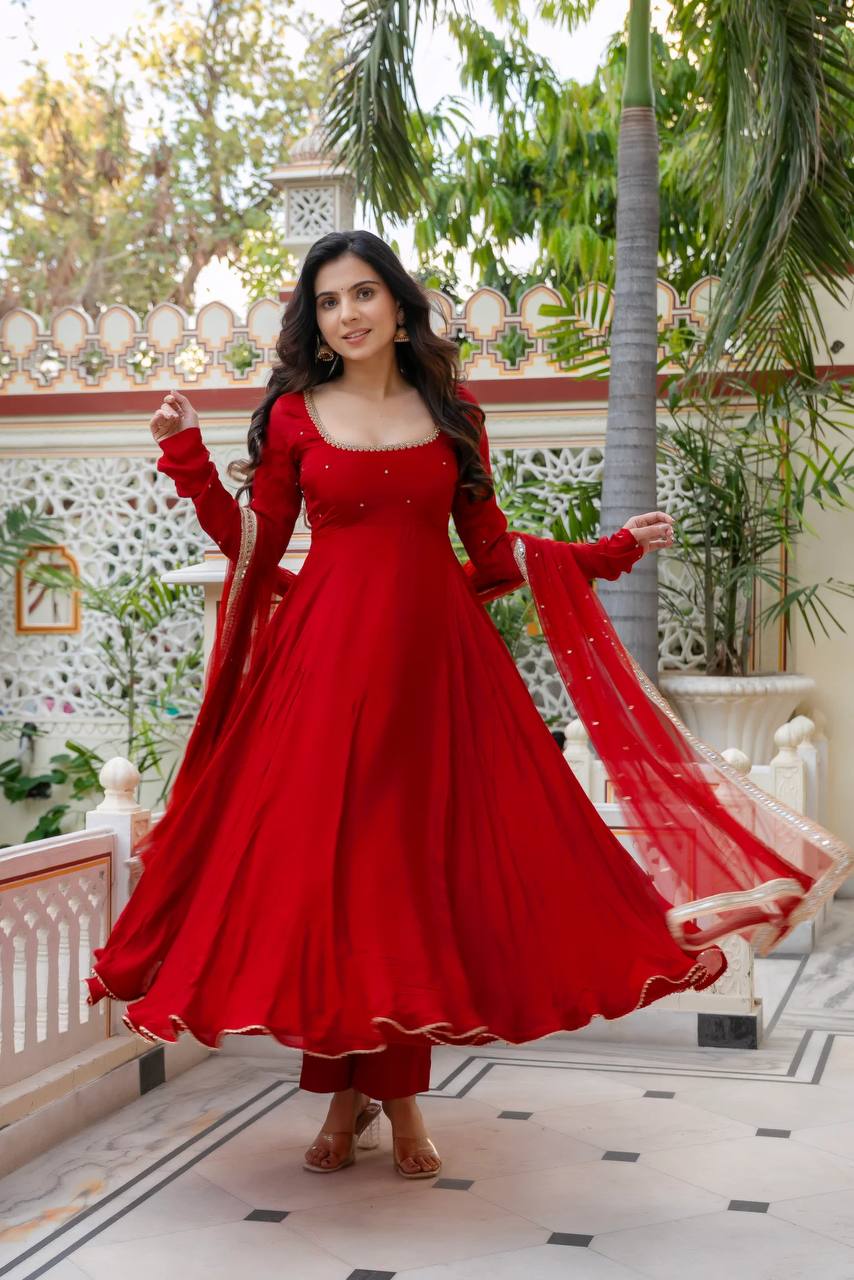 Red Georgette Anarkali Suit with Hand Work & Fancy Lace Dupatta