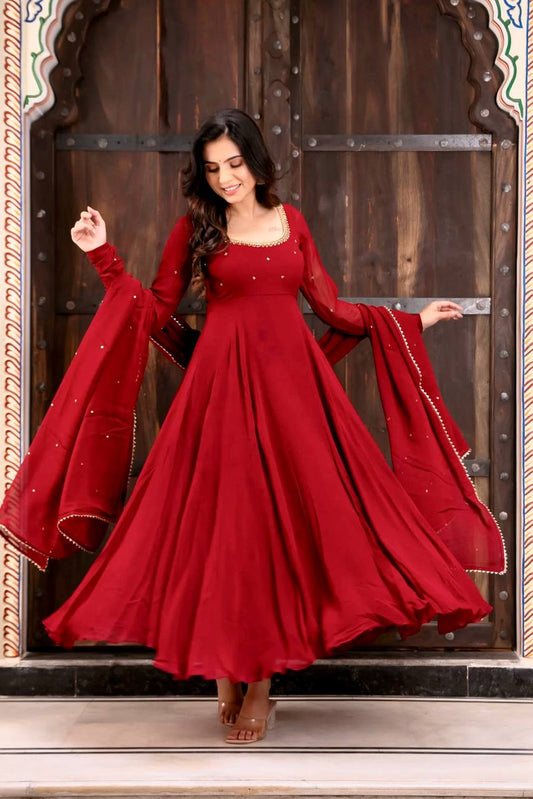 Red Georgette Handwork Anarkali Gown with Pant & Dupatta