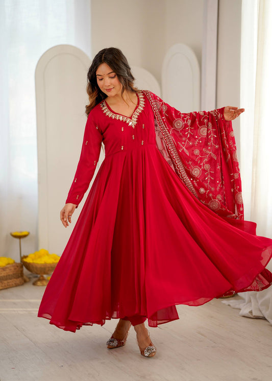 Red Heavy Georgette Anarkali Gown with Khatli Work & Real Mirror