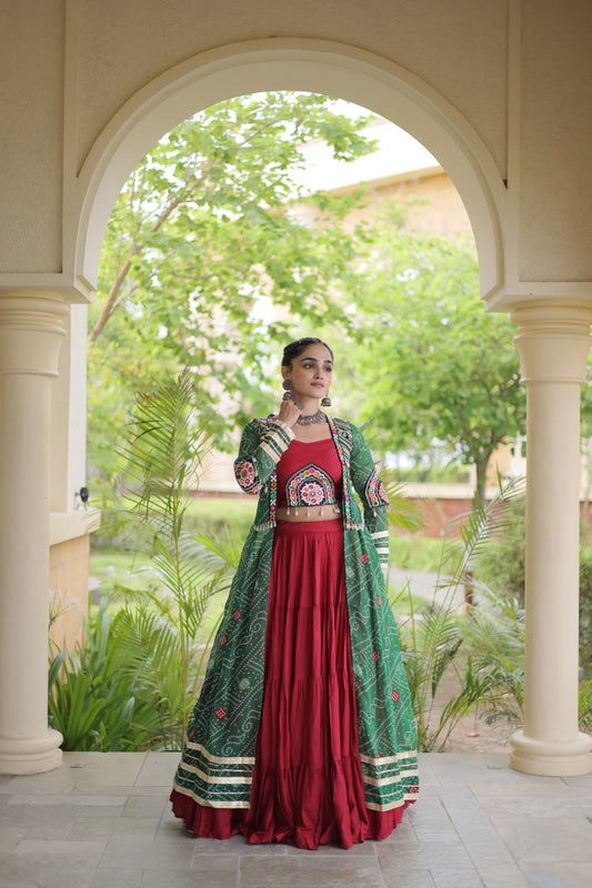 Red Lehenga Choli with Green Bandhani Gamthi Patchwork Shrug