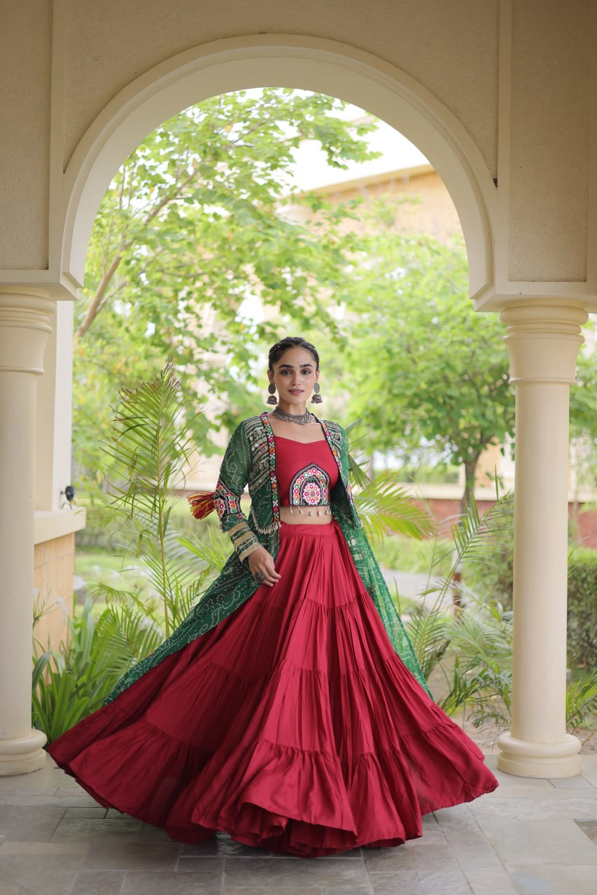 Red Lehenga Choli with Green Bandhani Gamthi Patchwork Shrug