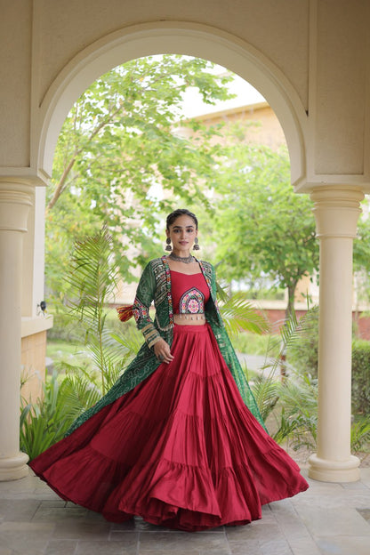 Red Lehenga Choli with Green Bandhani Gamthi Patchwork Shrug
