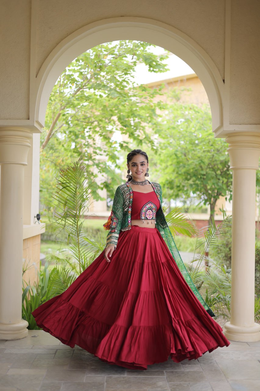 Red Lehenga Choli with Green Bandhani Gamthi Patchwork Shrug