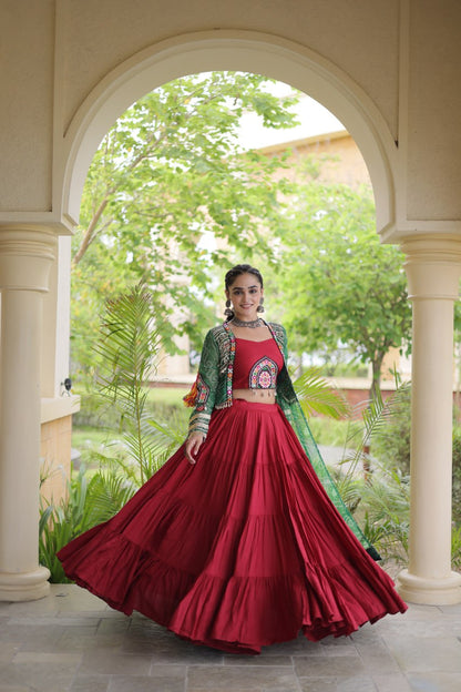Red Lehenga Choli with Green Bandhani Gamthi Patchwork Shrug