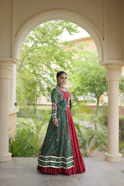 Red Lehenga Choli with Green Bandhani Gamthi Patchwork Shrug
