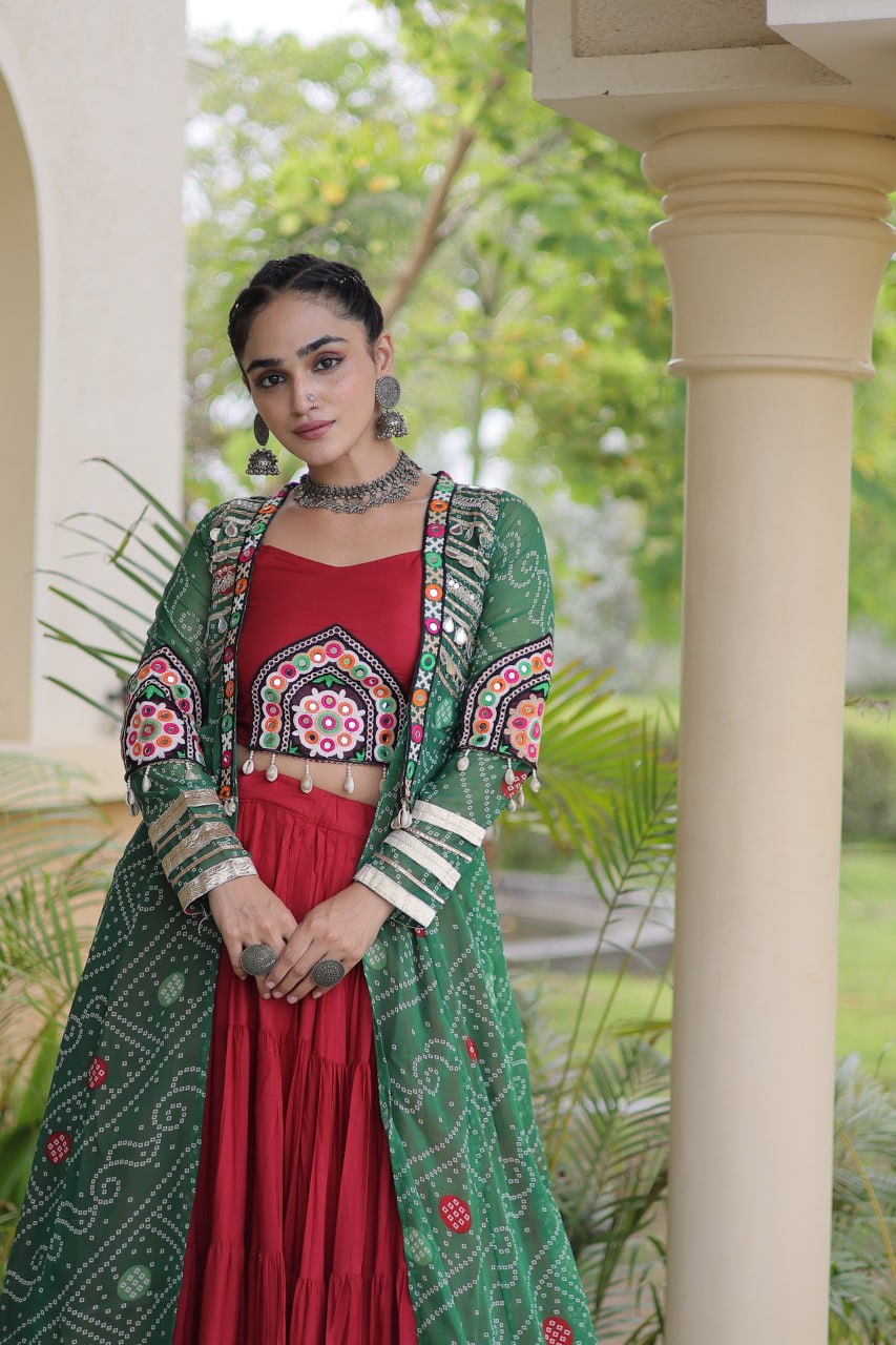 Red Lehenga Choli with Green Bandhani Gamthi Patchwork Shrug