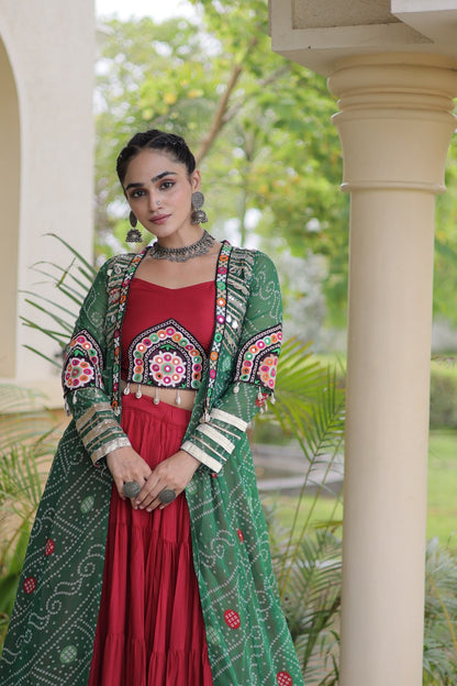Red Lehenga Choli with Green Bandhani Gamthi Patchwork Shrug