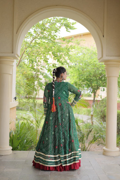 Red Lehenga Choli with Green Bandhani Gamthi Patchwork Shrug