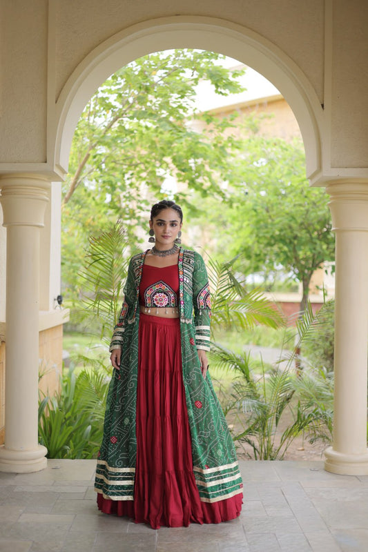 Red Lehenga Choli with Green Bandhani Gamthi Patchwork Shrug