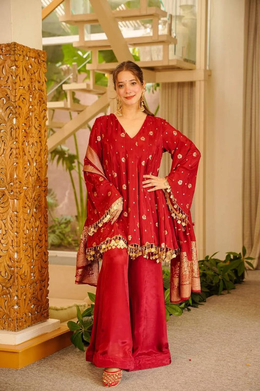 Designer Red Satin Silk Kurta Palazzo Set with Weaving Dupatta