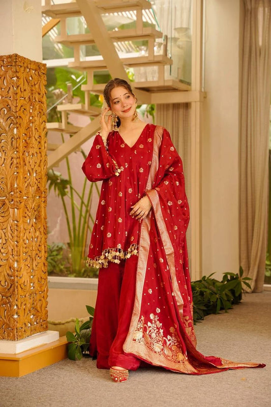 Designer Red Satin Silk Kurta Palazzo Set with Weaving Dupatta