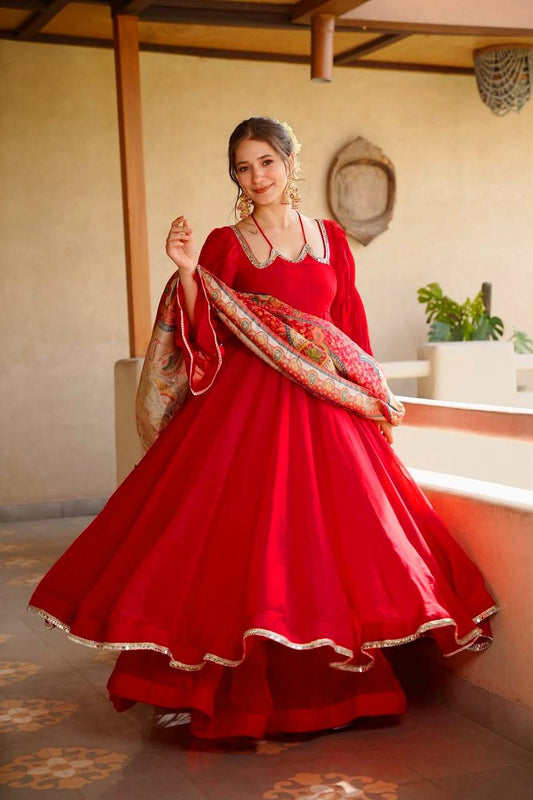 Red Tabby Silk Anarkali Suit with Printed Dupatta