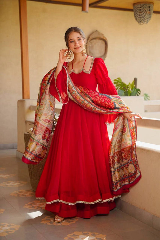 Red Tabby Silk Anarkali Suit with Printed Dupatta