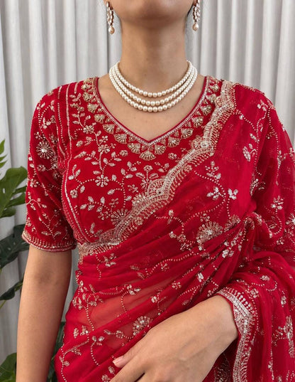 Red Heavy Sequin Embroidered Saree with Floral Work & Scalloped Border