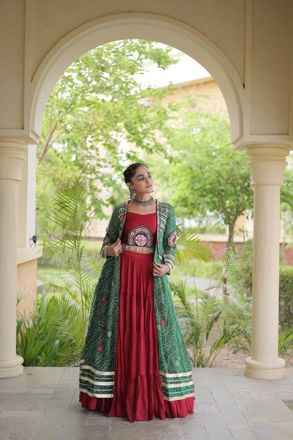 Navy Blue Rayon Lehenga Choli & Purple Bandhani Gamthi Patchwork Shrug