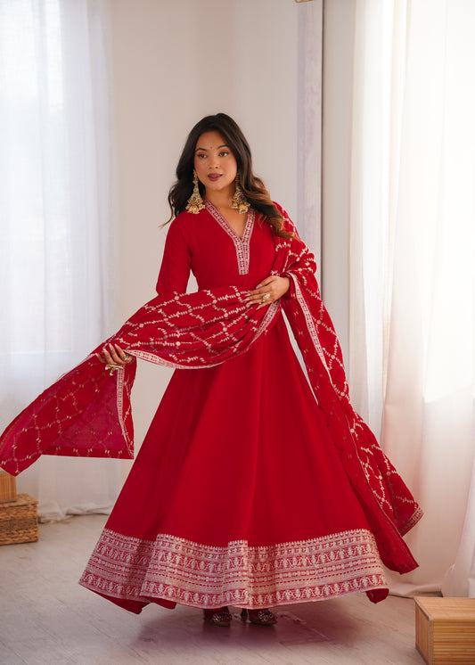 Red Silk Anarkali Gown with Zari & Sequin Embroidery Dupatta