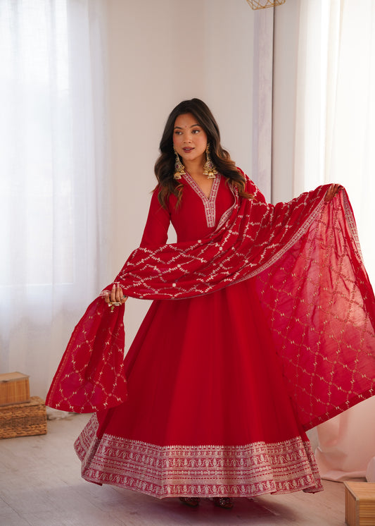 Red Silk Anarkali Gown with Zari & Sequin Embroidery Dupatta
