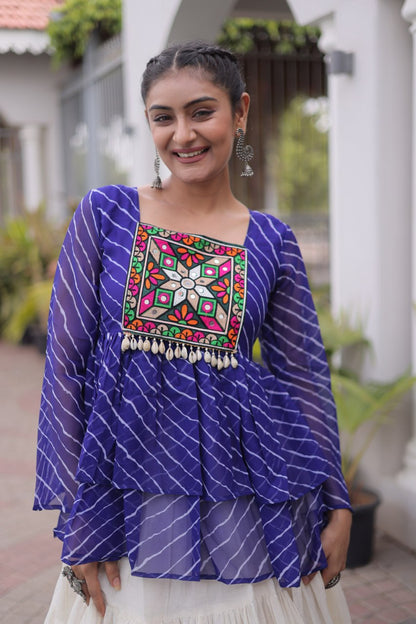 Royal blue Laheriya Print Kutchi Gamthi Patchwork Top with White Kora Cotton Frill Lehenga