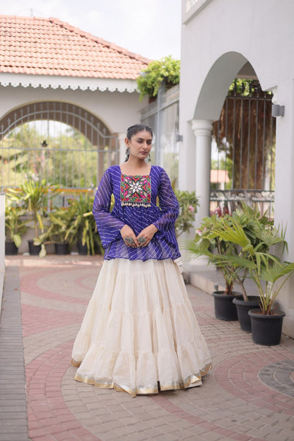 Royal blue Laheriya Print Kutchi Gamthi Patchwork Top with White Kora Cotton Frill Lehenga
