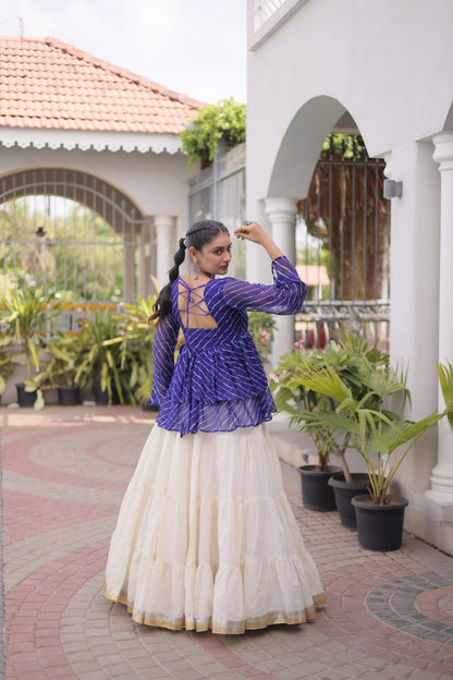 Royal blue Laheriya Print Kutchi Gamthi Patchwork Top with White Kora Cotton Frill Lehenga