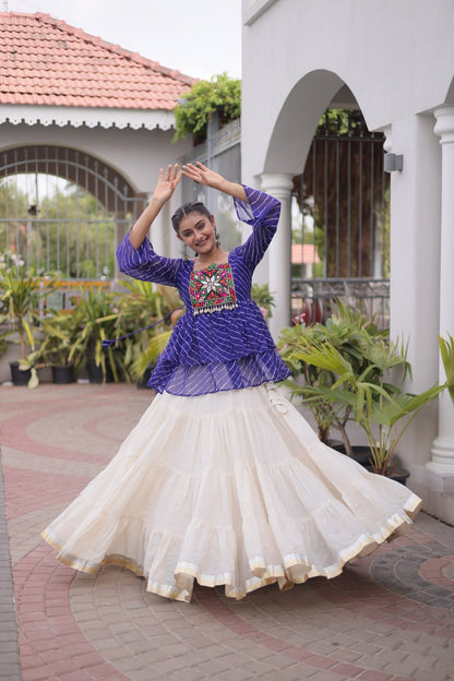 Royal blue Laheriya Print Kutchi Gamthi Patchwork Top with White Kora Cotton Frill Lehenga