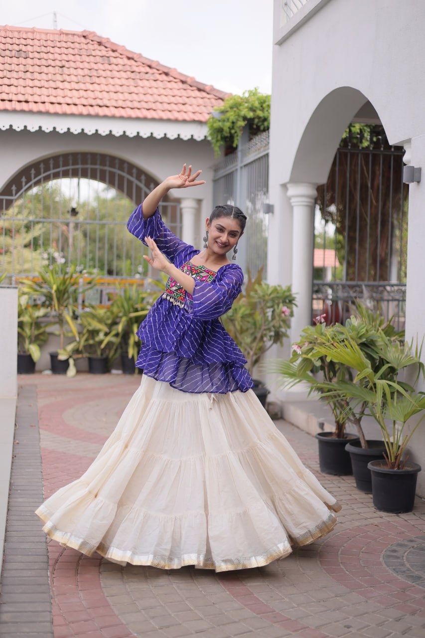 Royal blue Laheriya Print Kutchi Gamthi Patchwork Top with White Kora Cotton Frill Lehenga
