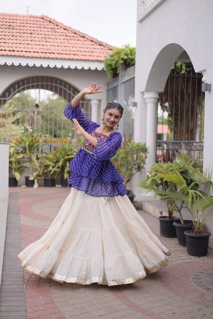 Royal blue Laheriya Print Kutchi Gamthi Patchwork Top with White Kora Cotton Frill Lehenga
