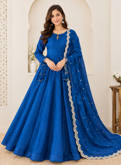 Royal Blue Silk Anarkali Gown with Trendy Tassels Sleeve and Dupatta