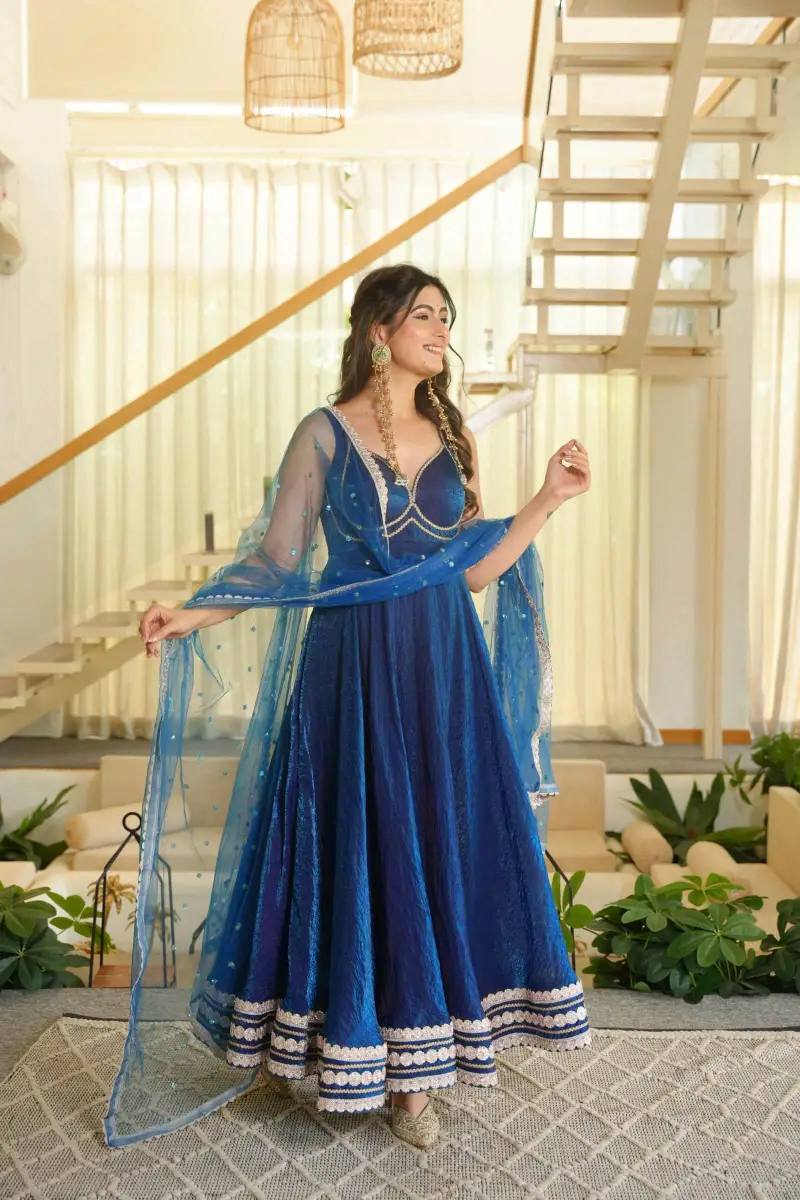 Royal Blue Fendy Silk Anarkali Gown with Soft Net Dupatta