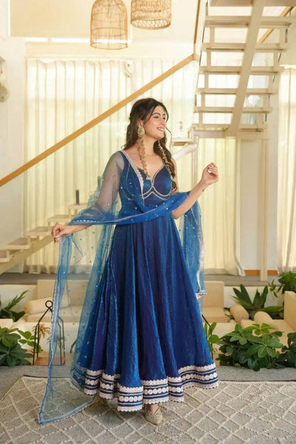 Royal Blue Fendy Silk Anarkali Gown with Soft Net Dupatta