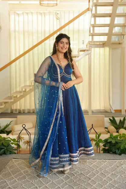 Royal Blue Fendy Silk Anarkali Gown with Soft Net Dupatta