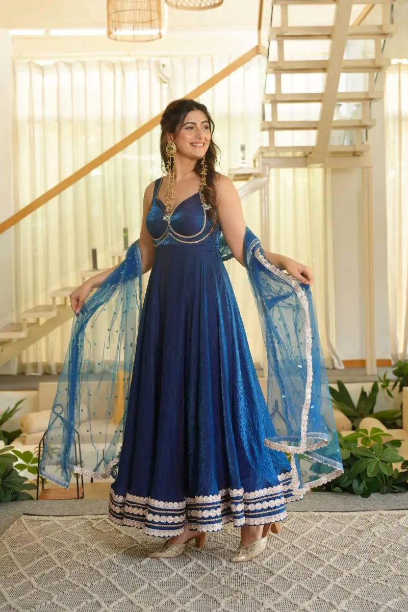 Royal Blue Fendy Silk Anarkali Gown with Soft Net Dupatta