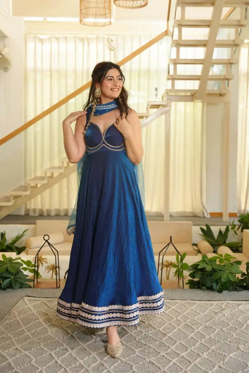 Royal Blue Fendy Silk Anarkali Gown with Soft Net Dupatta