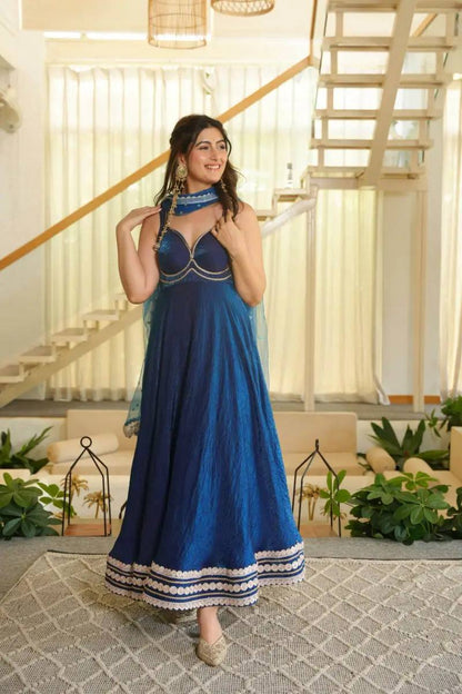Royal Blue Fendy Silk Anarkali Gown with Soft Net Dupatta