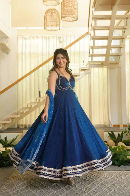 Royal Blue Fendy Silk Anarkali Gown with Soft Net Dupatta