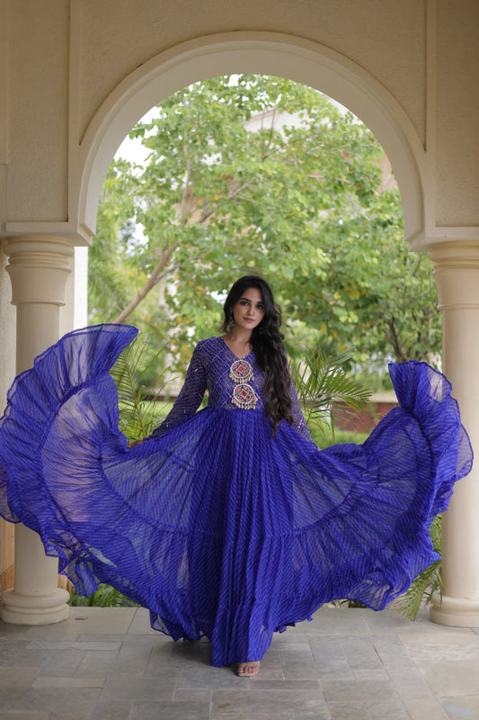Royal Blue Laheriya Print Gown with Kutchi Patchwork