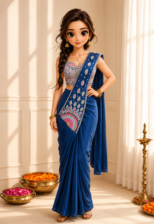 Royal Blue Pre-Stitched Saree with Embroidered Blouse & Designer Pallu