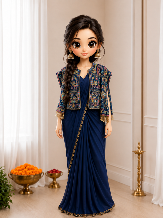 Royal Blue Pre-Stitched Saree with Embroidered Koti Jacket & Belt