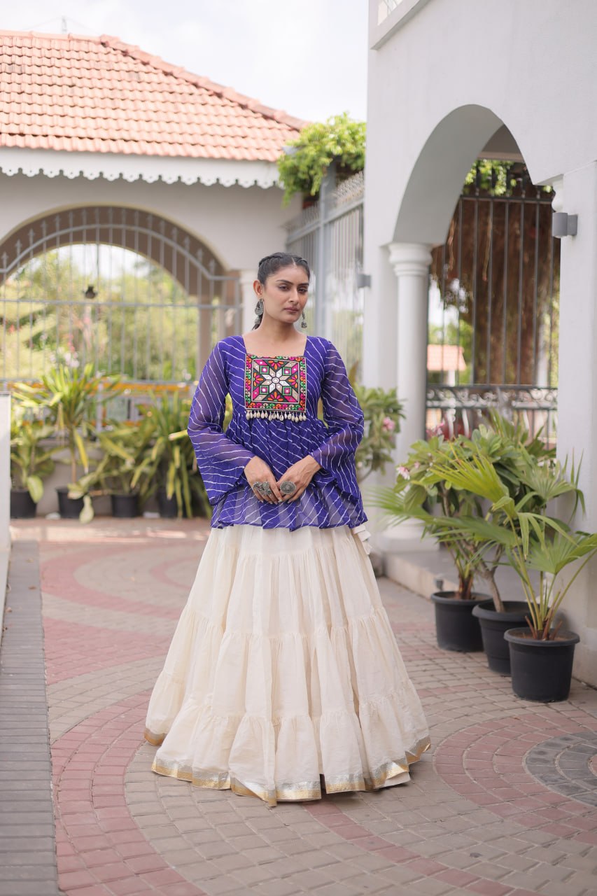 Pink Laheriya Print Kutchi Gamthi Patchwork Top with White Kora Cotton Frill Lehenga