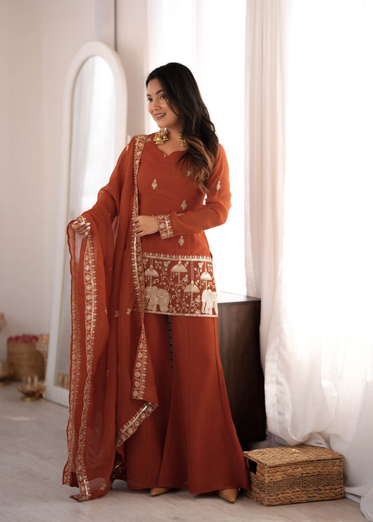 Rust Brown Crunchy Silk Bell Bottom Suit Set with Embroidered Dupatta