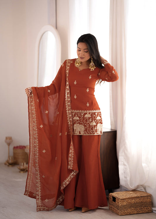 Rust Brown Crunchy Silk Bell Bottom Suit Set with Embroidered Dupatta
