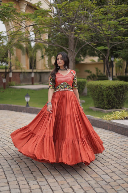 Rust Kutchi Gamthi Thread Embroidered & Mirror Work Rayon Anarkali Gown with Moti Kodi Lace