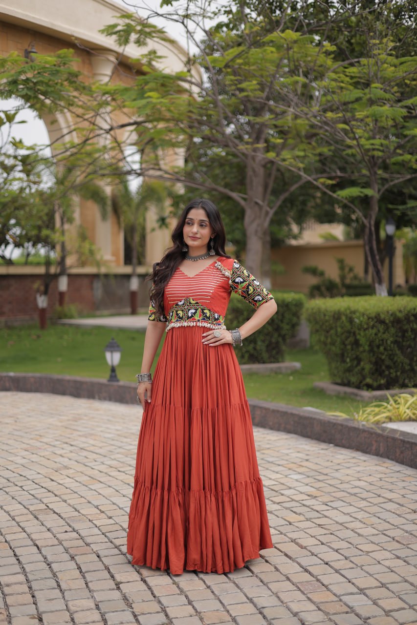 Rust Kutchi Gamthi Thread Embroidered & Mirror Work Rayon Anarkali Gown with Moti Kodi Lace